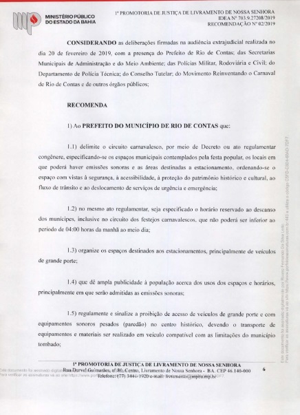 Ministério Público da Bahia faz recomendações em relação ao carnaval de Rio de Contas 