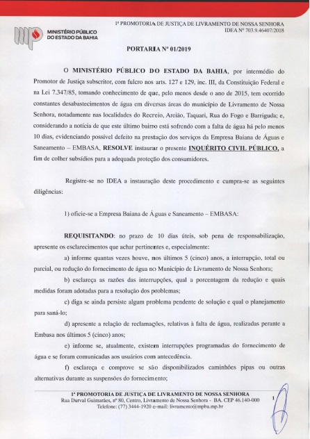 Ministério Público  instaura inquérito para que a Embasa apresente justificativas sobre falta de água em Livramento