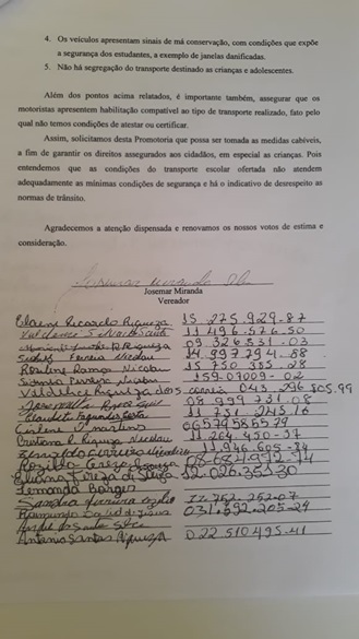 Ofício sobre condições do transporte escolar de Livramento é protocolado junto ao Ministério Público 