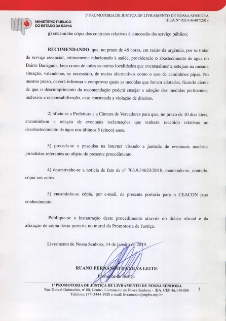 Ministério Público  instaura inquérito para que a Embasa apresente justificativas sobre falta de água em Livramento