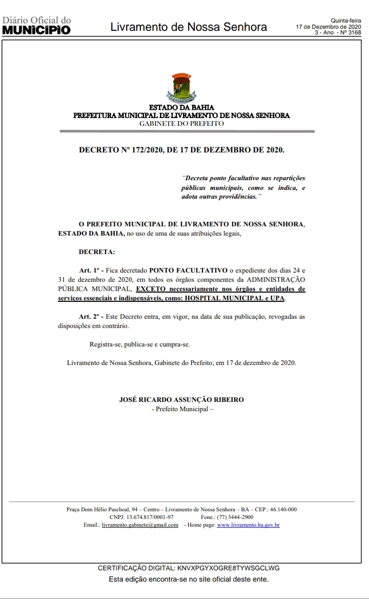 Prefeitura decreta ponto facultativo em Livramento  