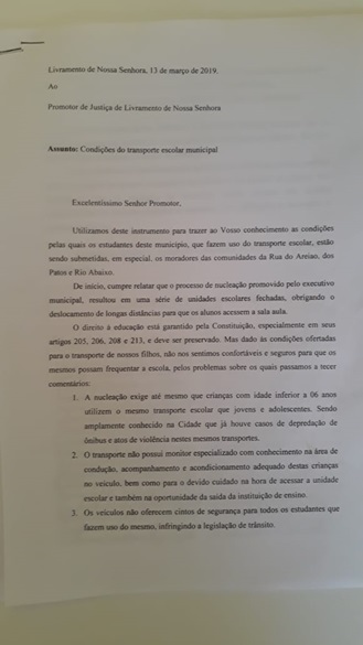 Ofício sobre condições do transporte escolar de Livramento é protocolado junto ao Ministério Público 