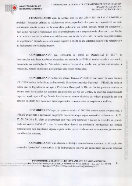 Ministério Público da Bahia faz recomendações em relação ao carnaval de Rio de Contas 