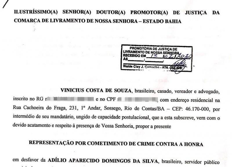 Vereador entra com representação no Ministério Público por crime contra a honra