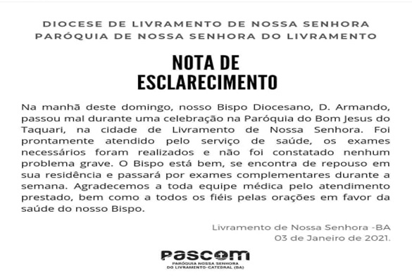 Igreja católica: Bispo da Diocese de Livramento passa mal durante celebração  