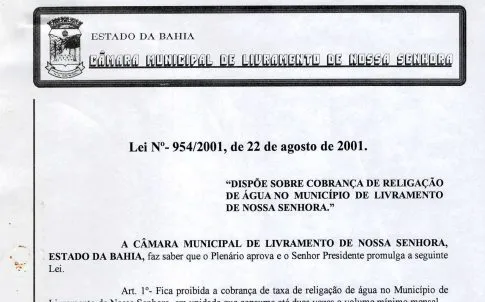 Lei de 2001 já proibia cobrança de religação de água em Livramento de Nossa Senhora