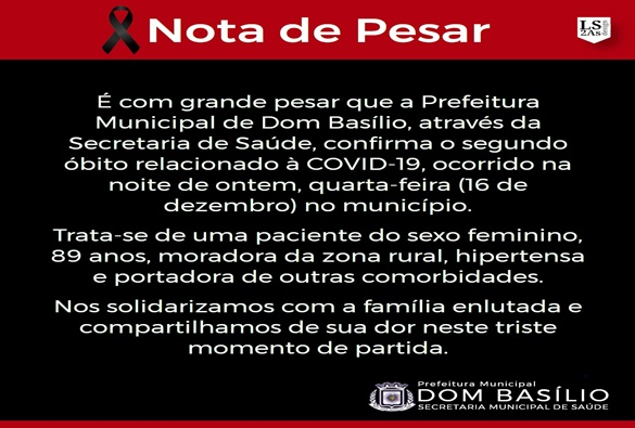 Dom Basílio registra segunda morte por covid-19  