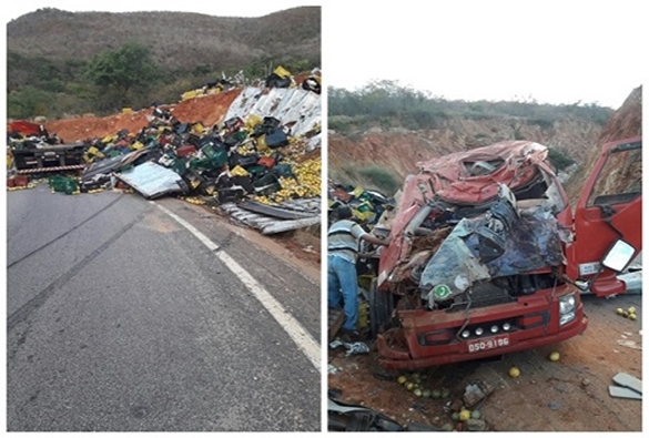 Caminhão carregado com maracujá choca-se contra barranco na serra de Marcolino Moura