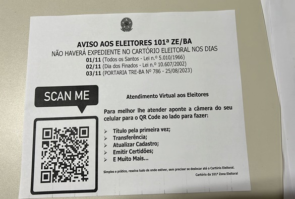 Cartório Eleitoral não terá atendimentos entre os dias 01 e 03 de novembro