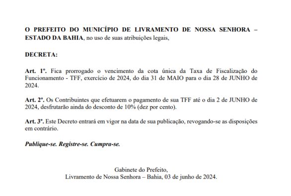 Decreto injusto e incongruente é publicado no Diário Oficial do Município de Livramento