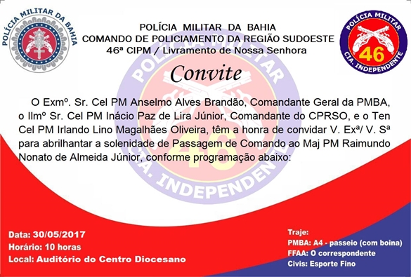 Livramento: Convite para solenidade de passagem de comando da 46ª CIPM 